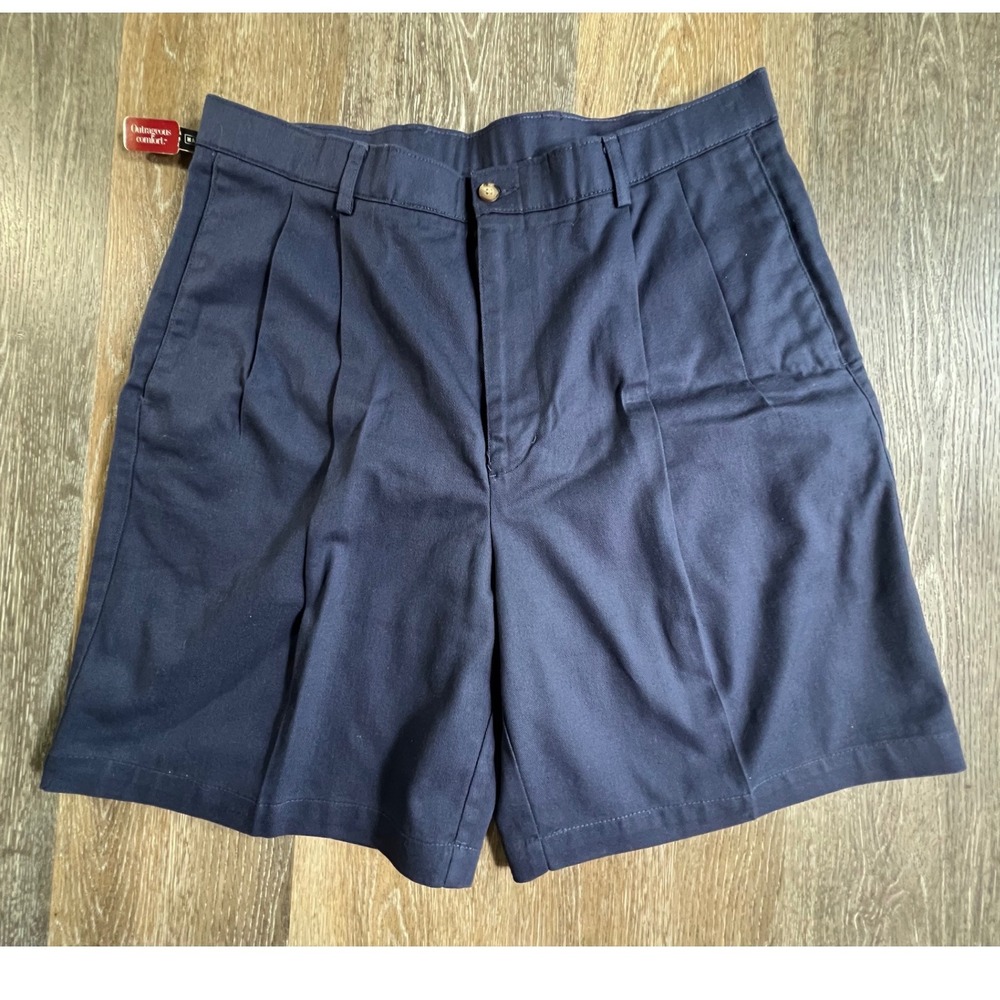 Haggar Pleated Chino Shorts Mens 36 Navy Blue Outrageous Comfort 53446-041